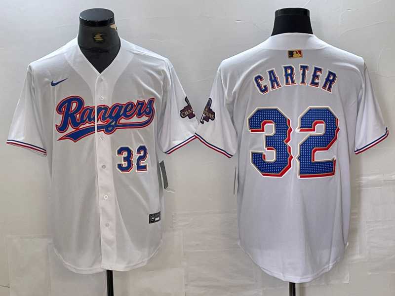 Men%27s Texas Rangers #32 Evan Carter Number White 2023 World Series Champions Cool Base Jerseys